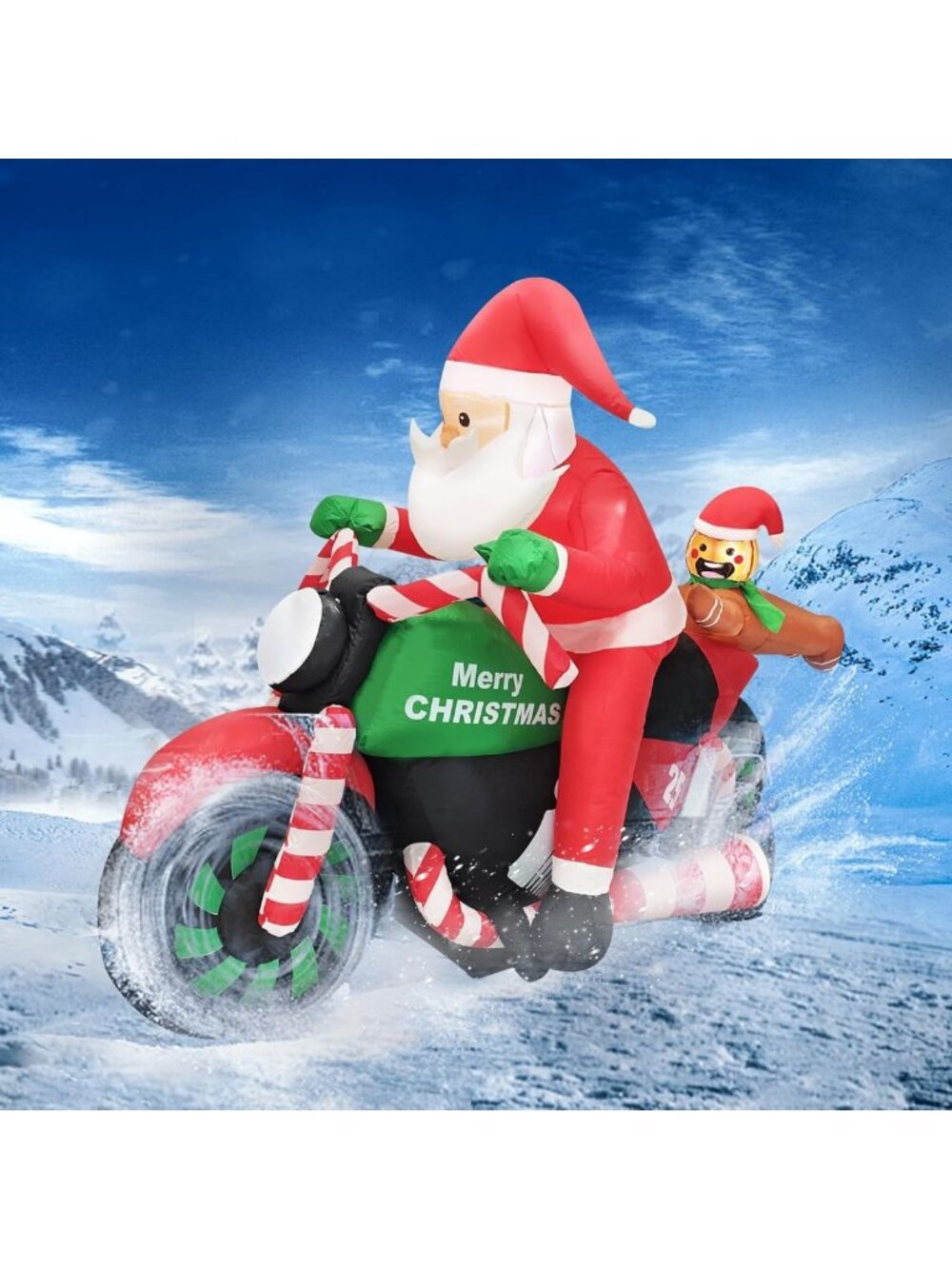 6FT Inflatable Santa on Motorcycle with Gingerbread Man - Lighted Holiday Yard